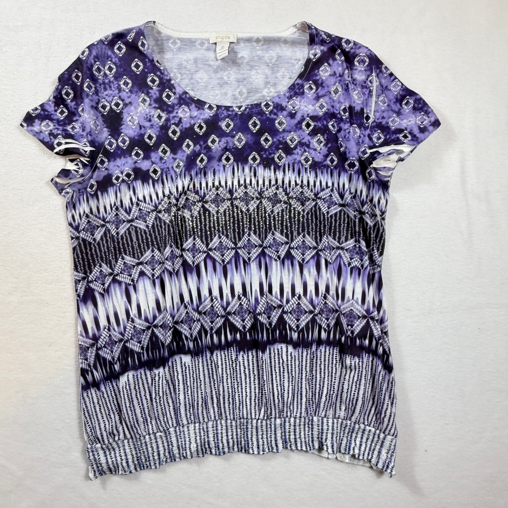Chico's Top Women 2 Large Purple Geometric Ikat Smocked Eclectic Tribal Artsy